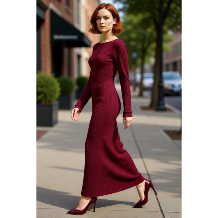 Kadın Örme Maxi Elbise Bodycon Kalıp Uzun Kollu Kayık Yaka Sırt Dekolteli Günlük Şık Giyim
