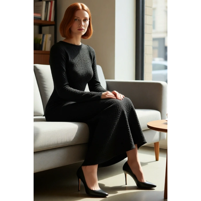 Kadın Örme Maxi Elbise Bodycon Kalıp Uzun Kollu Kayık Yaka Sırt Dekolteli Günlük Şık Giyim