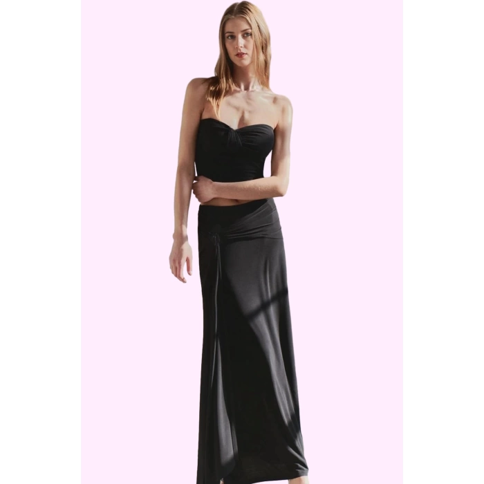 Kadın Örme Maxi Etek Renk Sandy Dokuma Aksesuar Detaylı Bodycone Yaz Aylarının Vazgeçilmezi