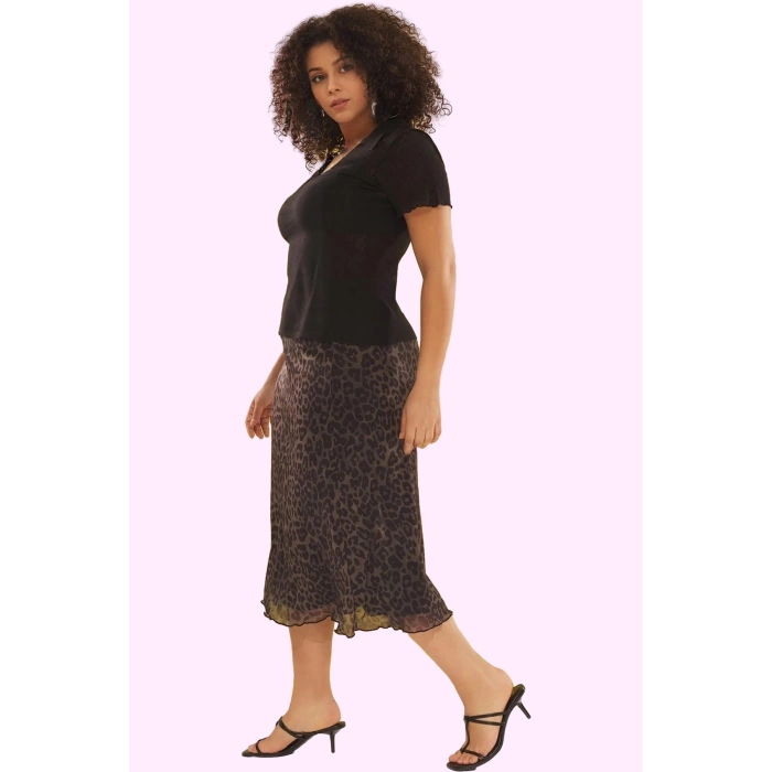 Kadın Örme Mesh Kumaş Leopar Desenli Midi Etek Rahat Günlük Stil Yaz Aylarının Vazgeçilmezi