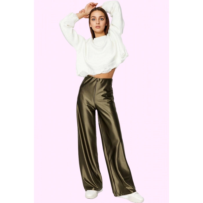 Kadın Örme Pantolon Saten Dokuma Geniş Paça Yüksek Bel Casual Stil Yaz Aylarının Vazgeçilmezi