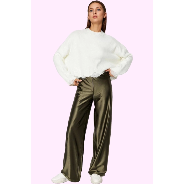 Kadın Örme Pantolon Saten Dokuma Geniş Paça Yüksek Bel Casual Stil Yaz Aylarının Vazgeçilmezi
