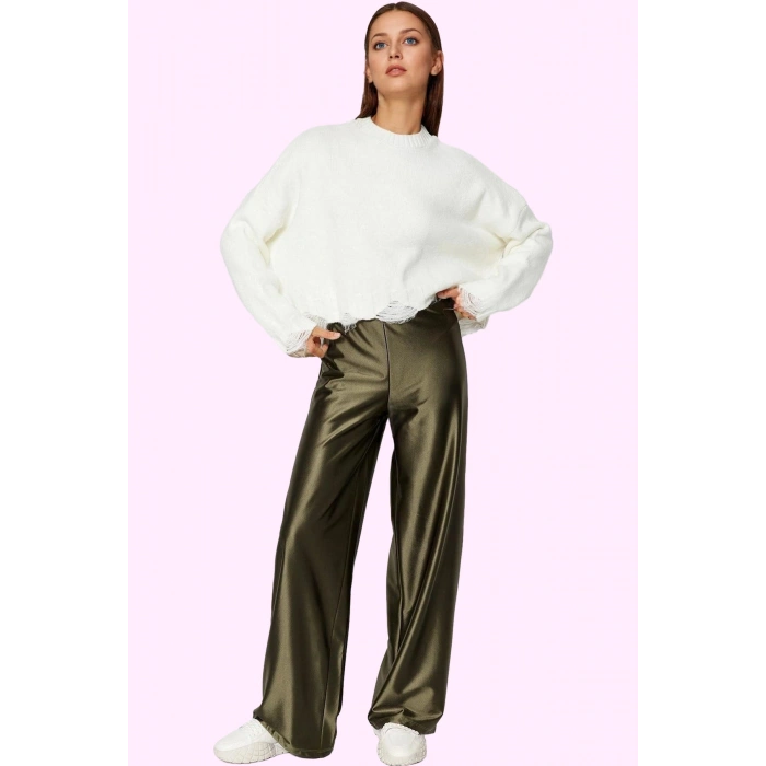 Kadın Örme Pantolon Saten Dokuma Geniş Paça Yüksek Bel Casual Stil Yaz Aylarının Vazgeçilmezi