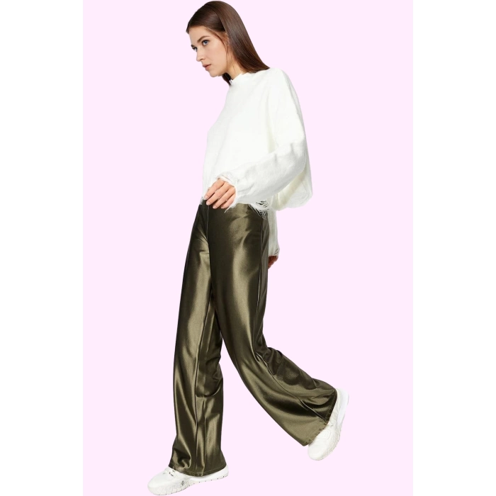 Kadın Örme Pantolon Saten Dokuma Geniş Paça Yüksek Bel Casual Stil Yaz Aylarının Vazgeçilmezi