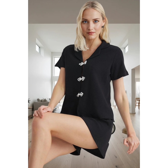 Kadın Örme Pijama Takımı Kısa Kollu Gömlek Yaka Rahat Yazlık Kaliteli İşçilik Modern Stil