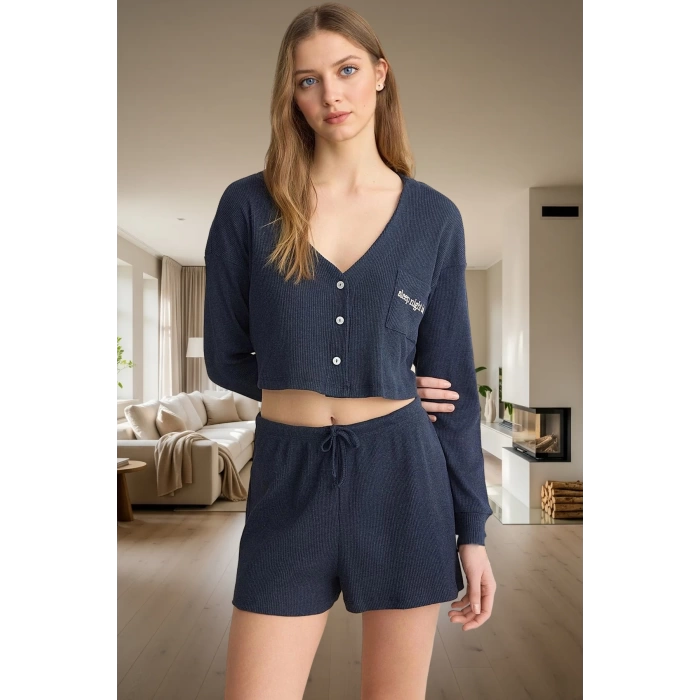 Kadın Örme Pijama Takımı Rahat Kalıp Uzun Kollu Kısa Şort Kullanım Mükemmel Uyum