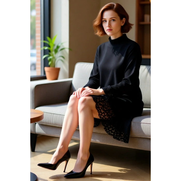 Kadın Örme Shift Elbise Dik Yaka Uzun Kollu Mini Boy Dantel Detaylı Selanik Dokuma Kış Modası