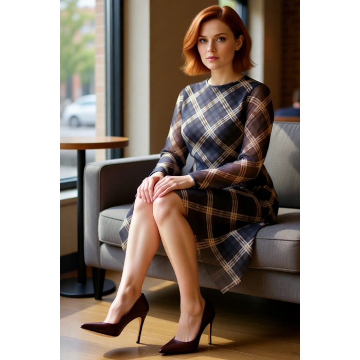 Kadın Örme Tül Ekose Desenli Asimetrik Kesim Midi Boy Uzun Kollu Elbise İlkbahar Sonbahar Şıklığı