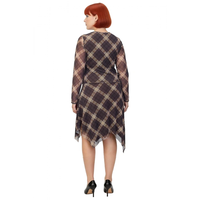 Kadın Örme Tül Ekose Desenli Asimetrik Kesim Midi Boy Uzun Kollu Elbise İlkbahar Sonbahar Şıklığı