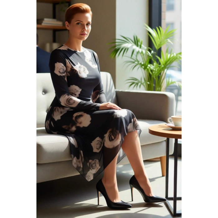 Kadın Örme Tül Ekose Desenli Asimetrik Kesim Midi Boy Uzun Kollu Elbise İlkbahar Sonbahar Şıklığı