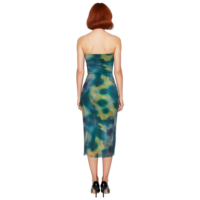 Kadın Örme Tül Kumaş Bodycon Midi Abiye Elbise Straplez Yaka Kolsuz Büzgü Detaylı Özel Davet