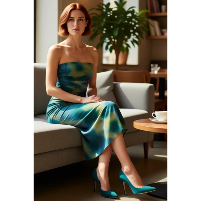 Kadın Örme Tül Kumaş Bodycon Midi Abiye Elbise Straplez Yaka Kolsuz Büzgü Detaylı Özel Davet