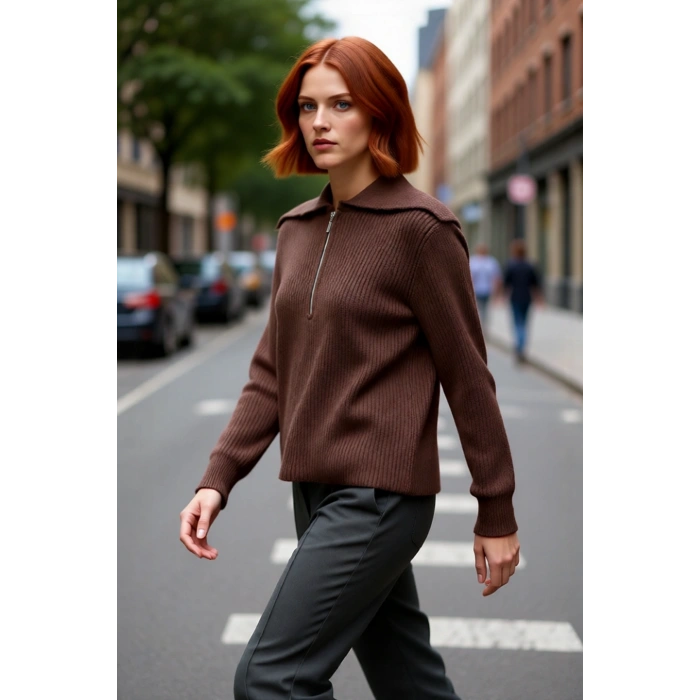 Kadın Orta Kalınlık Akrilik Karışımlı Selanik Dokuma Polo Yaka Triko Kazak Günlük Kullanım