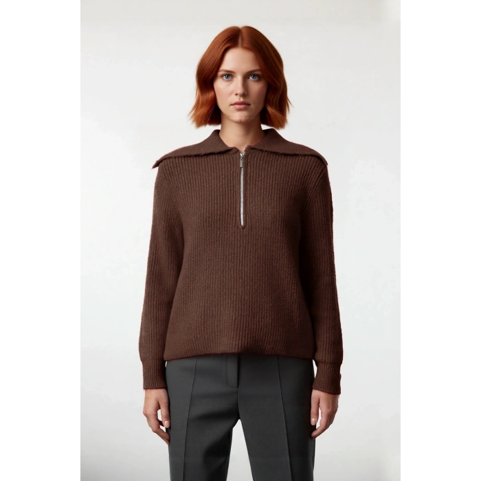 Kadın Orta Kalınlık Akrilik Karışımlı Selanik Dokuma Polo Yaka Triko Kazak Günlük Kullanım