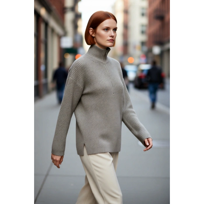 Kadın Orta Kalınlık Düşük Kol Selanik Dokuma Regular Kesim Uzun Triko Kazak Günlük Kullanıma Uygun