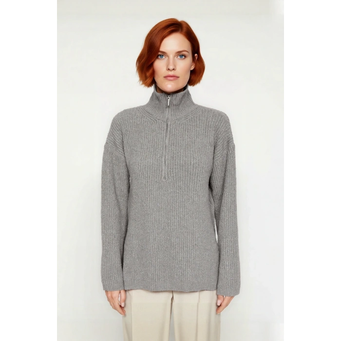 Kadın Orta Kalınlık Düşük Kol Selanik Dokuma Regular Kesim Uzun Triko Kazak Günlük Kullanıma Uygun