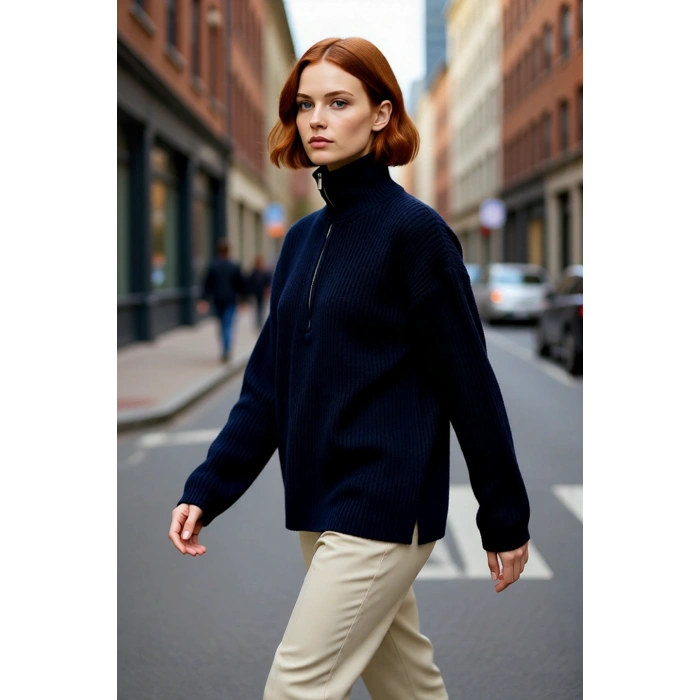 Kadın Orta Kalınlık Düşük Kol Selanik Dokuma Regular Kesim Uzun Triko Kazak Günlük Kullanıma Uygun