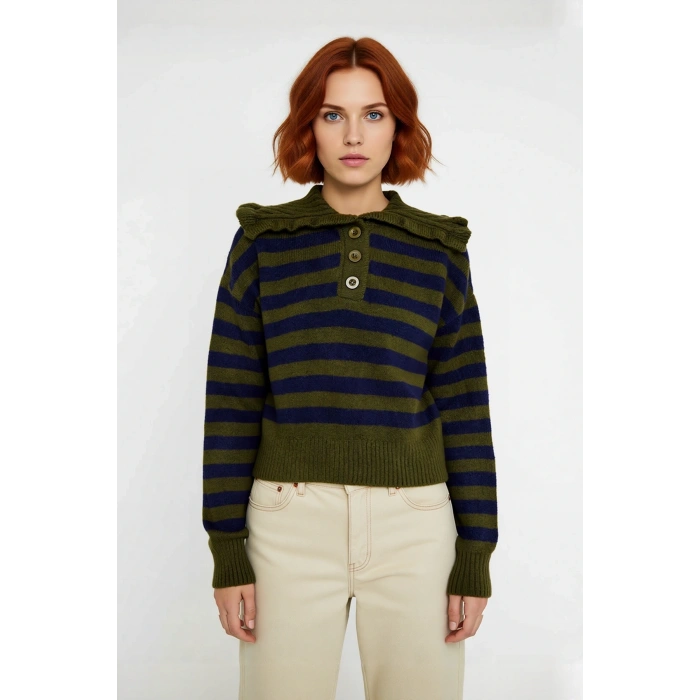 Kadın Orta Kalınlıkta Devrik Yaka Çizgili Düşük Kollu Triko Kışlık Crop Kazak Günlük Şıklık