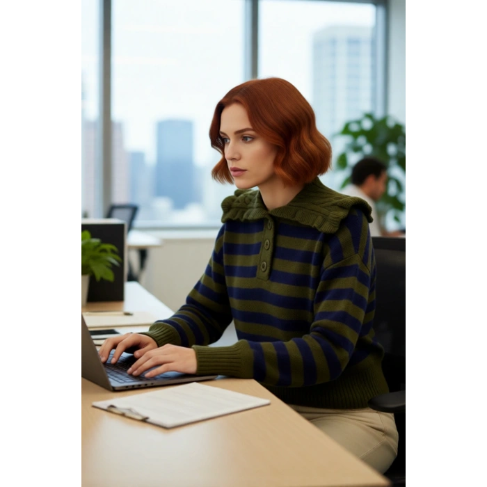 Kadın Orta Kalınlıkta Devrik Yaka Çizgili Düşük Kollu Triko Kışlık Crop Kazak Günlük Şıklık