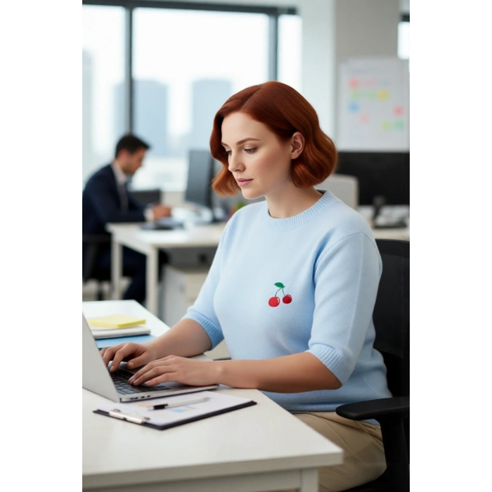 Kadın Orta Kalınlıkta Rahat Kesim Triko Kazak Kiraz Nakışlı Truvakar Kol Detaylı Şık Tasarım