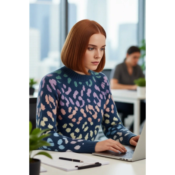 Kadın Oversize Animal Desenli Triko Kazak Konforlu Bisiklet Yaka Uzun Reglan Kol Kış Stiliyle Şıklık