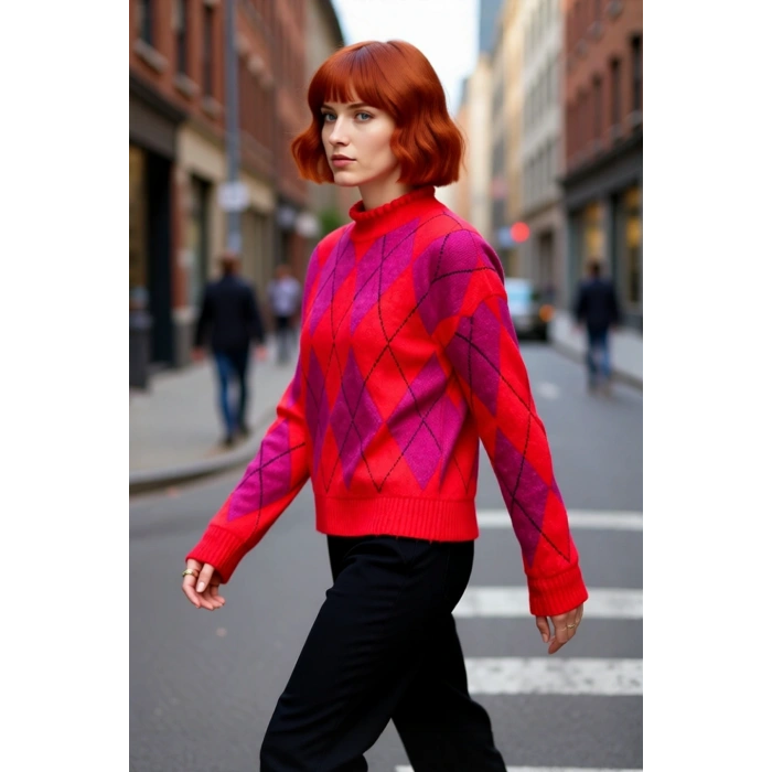 Kadın Oversize Baklava Desenli Dik Yaka Düşük Kol Triko Kazak Kış Şıklığını Tamamlar Kaliteli