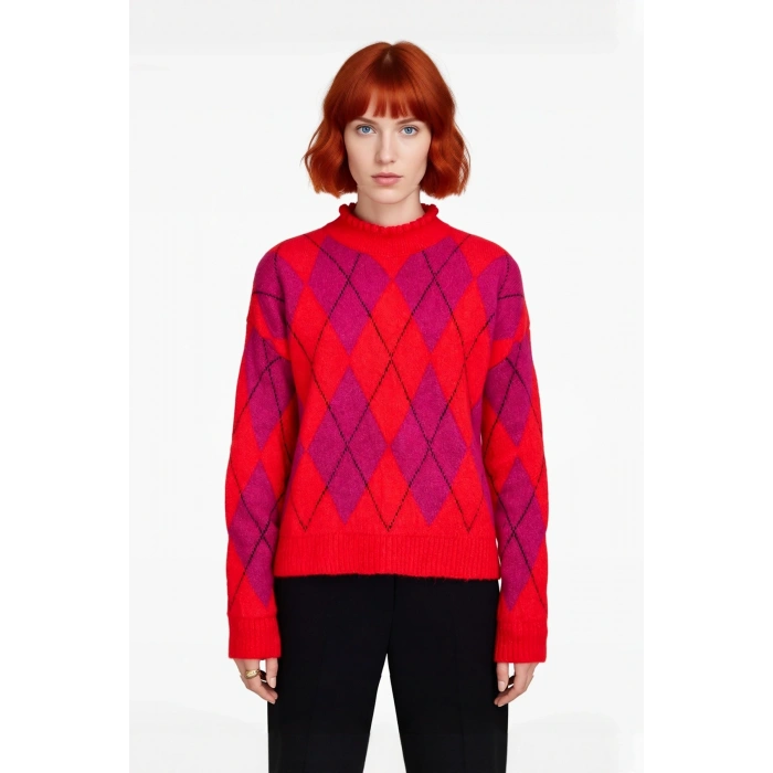 Kadın Oversize Baklava Desenli Dik Yaka Düşük Kol Triko Kazak Kış Şıklığını Tamamlar Kaliteli