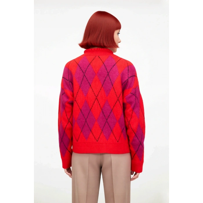 Kadın Oversize Baklava Desenli Dik Yaka Düşük Kol Triko Kazak Kış Şıklığını Tamamlar Kaliteli