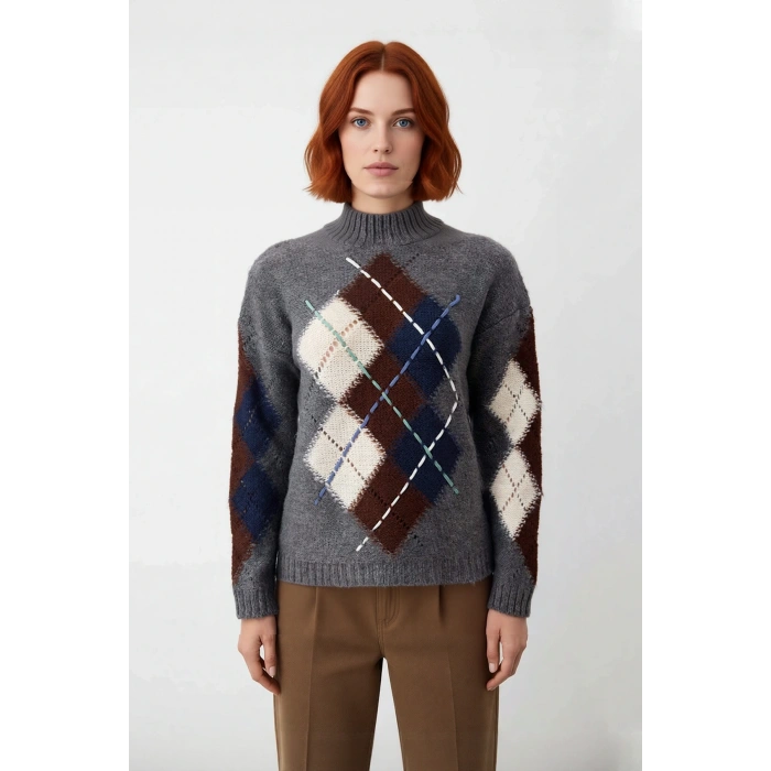 Kadın Oversize Baklava Desenli Dik Yaka Triko Kazak Düşük Kol Rahat Uzun Boy Kışlık Şık Kombinler