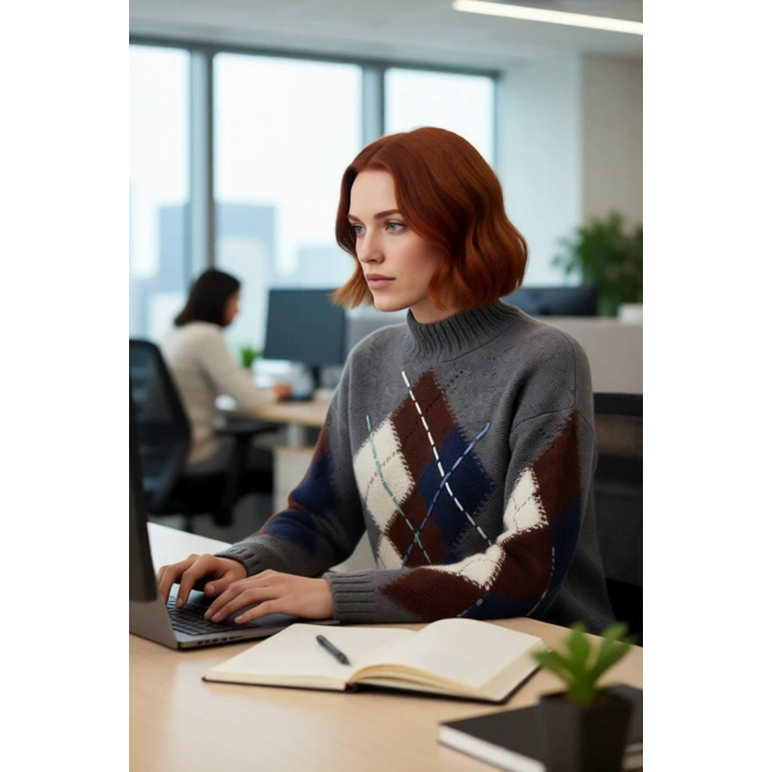 Kadın Oversize Baklava Desenli Dik Yaka Triko Kazak Düşük Kol Rahat Uzun Boy Kışlık Şık Kombinler