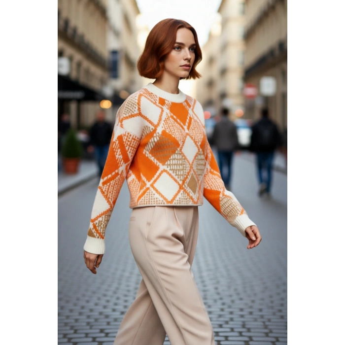 Kadın Oversize Baklava Desenli Düşük Kol Bisiklet Yaka Triko Crop Kazak Kış Sezonu İçin İdeal