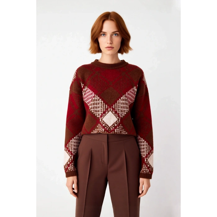 Kadın Oversize Baklava Desenli Düşük Kol Bisiklet Yaka Triko Crop Kazak Kış Sezonu İçin İdeal