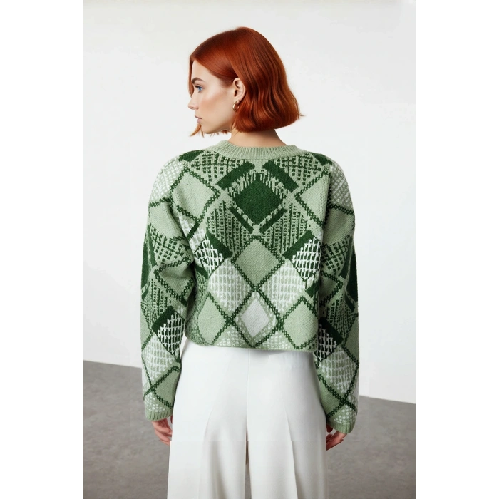 Kadın Oversize Baklava Desenli Düşük Kol Bisiklet Yaka Triko Crop Kazak Kış Sezonu İçin İdeal