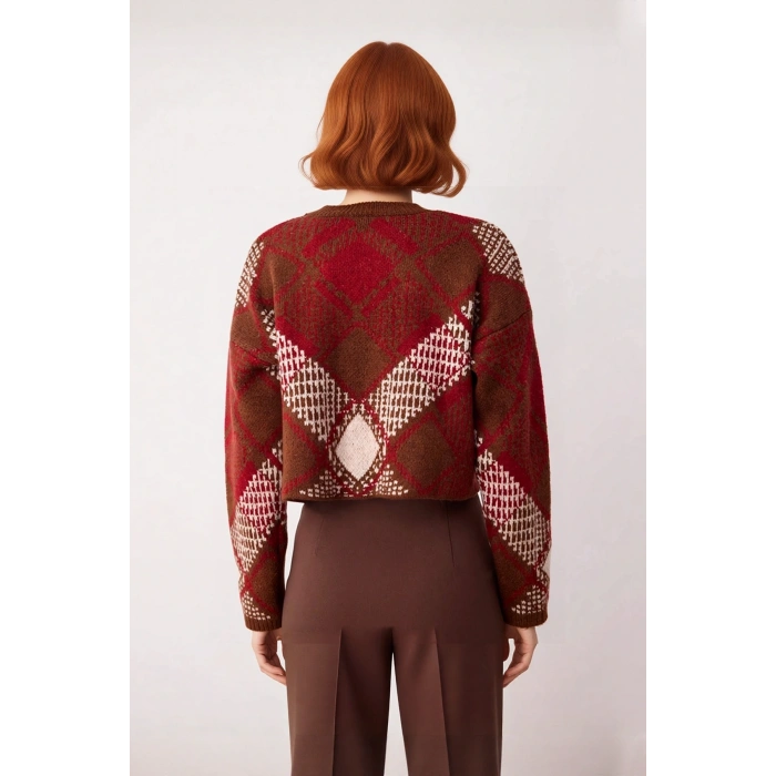 Kadın Oversize Baklava Desenli Düşük Kol Bisiklet Yaka Triko Crop Kazak Kış Sezonu İçin İdeal