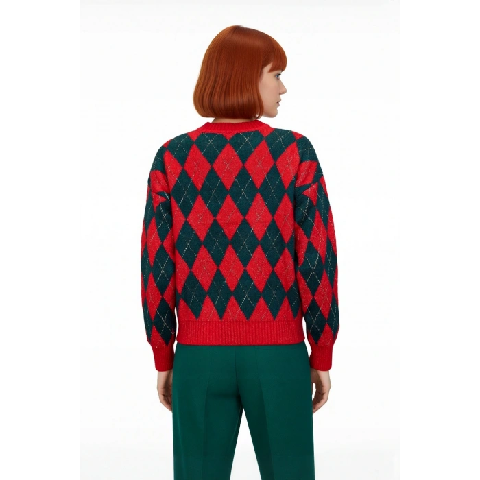 Kadın Oversize Baklava Desenli Simli Triko Uzun Kalın Düşük Kol Bisiklet Yaka Kazak Kaliteli