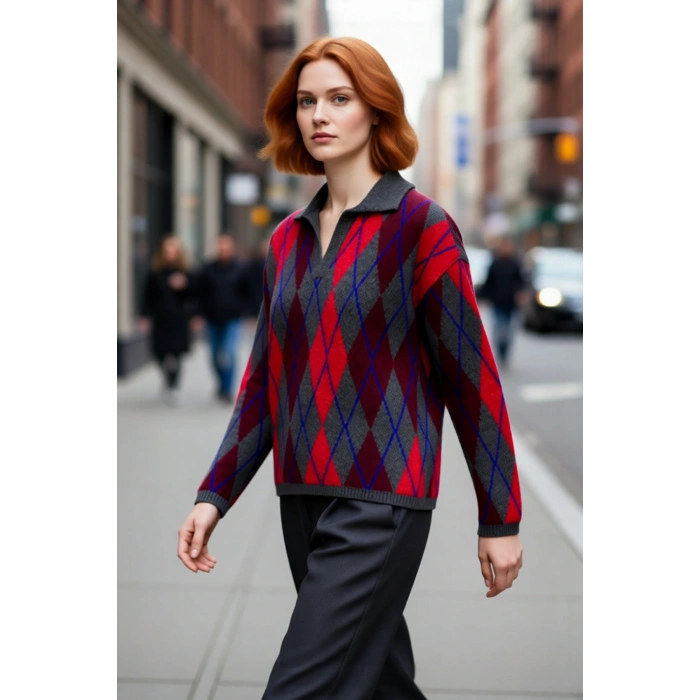 Kadın Oversize Baklava Desenli Triko Kışlık Gömlek Yaka Kazak Düşük Kol Konforlu Stil Ürünü