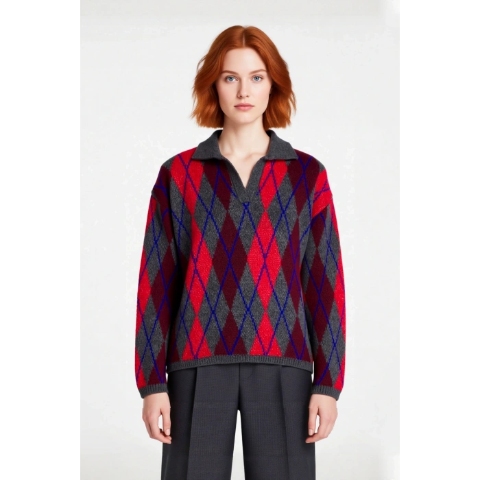 Kadın Oversize Baklava Desenli Triko Kışlık Gömlek Yaka Kazak Düşük Kol Konforlu Stil Ürünü