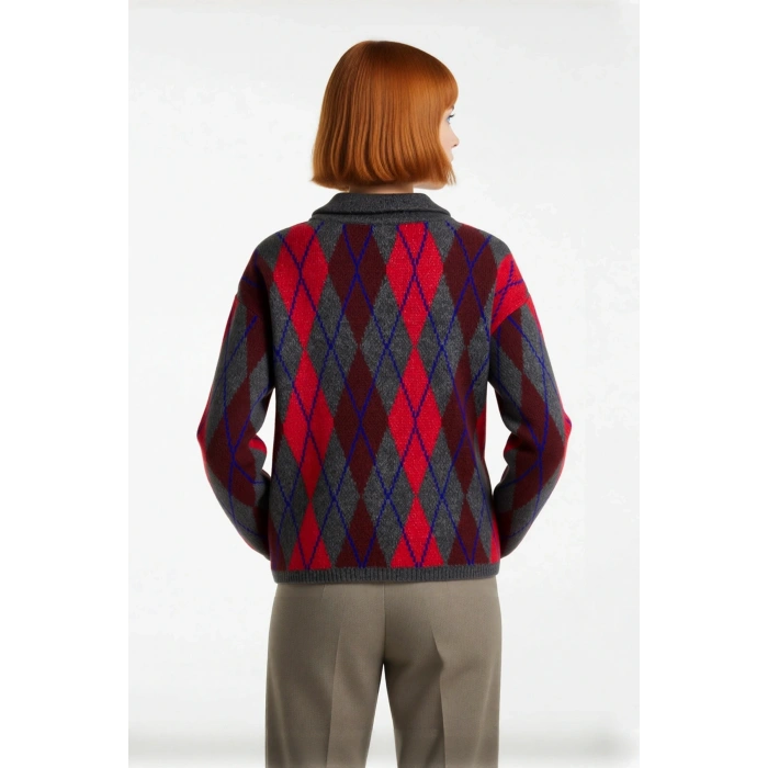 Kadın Oversize Baklava Desenli Triko Kışlık Gömlek Yaka Kazak Düşük Kol Konforlu Stil Ürünü