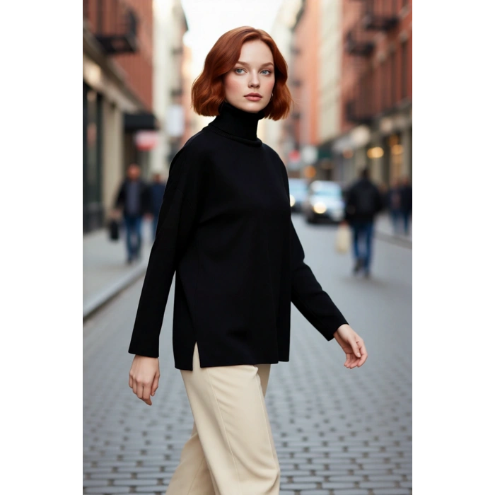 Kadın Oversize Balıkçı Yaka Düşük Kol Akrilik Triko Kazak Kış Sezonu İçin Uzun Basic Model