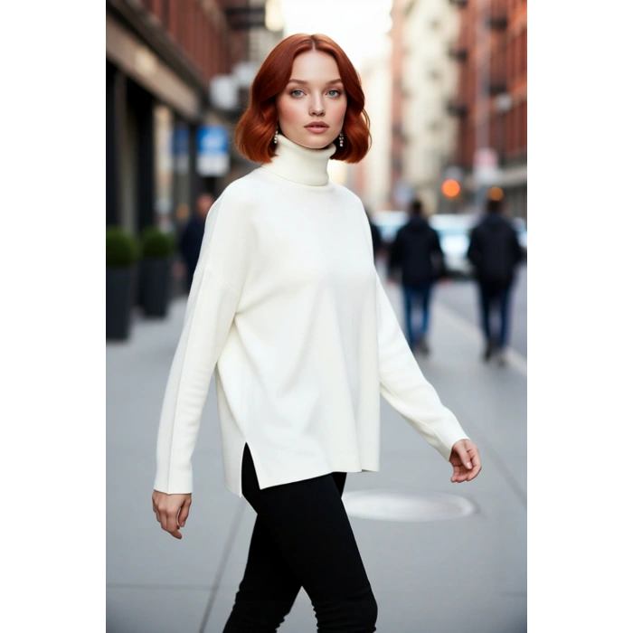 Kadın Oversize Balıkçı Yaka Düşük Kol Akrilik Triko Kazak Kış Sezonu İçin Uzun Basic Model