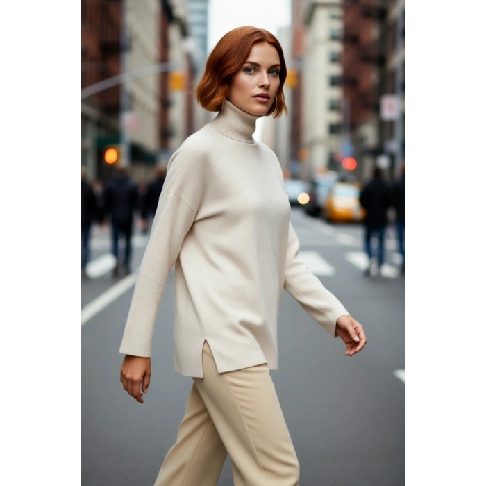 Kadın Oversize Balıkçı Yaka Düşük Kol Akrilik Triko Kazak Kış Sezonu İçin Uzun Basic Model