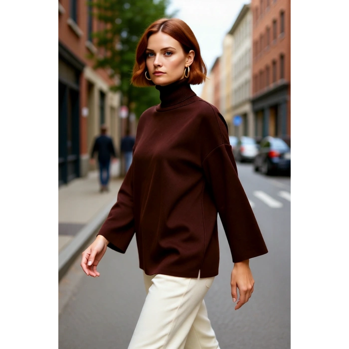 Kadın Oversize Balıkçı Yaka Düşük Kol Akrilik Triko Kazak Kış Sezonu İçin Uzun Basic Model