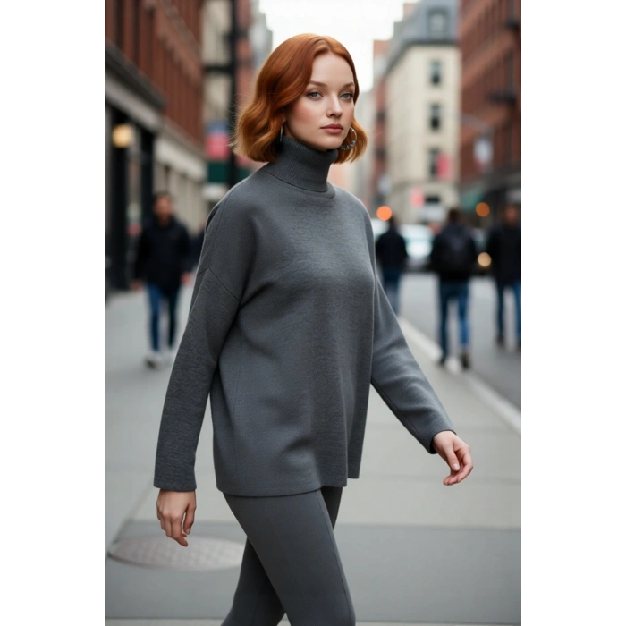 Kadın Oversize Balıkçı Yaka Düşük Kol Akrilik Triko Kazak Kış Sezonu İçin Uzun Basic Model