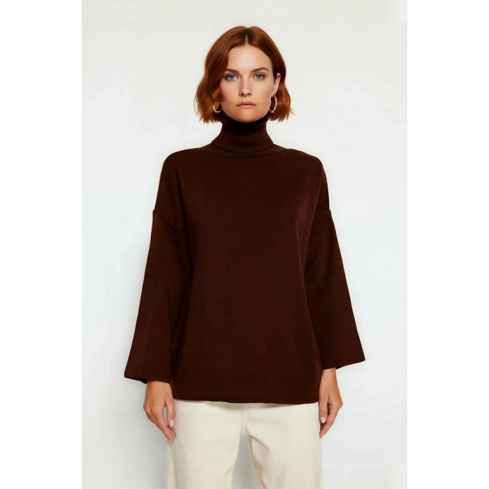 Kadın Oversize Balıkçı Yaka Düşük Kol Akrilik Triko Kazak Kış Sezonu İçin Uzun Basic Model