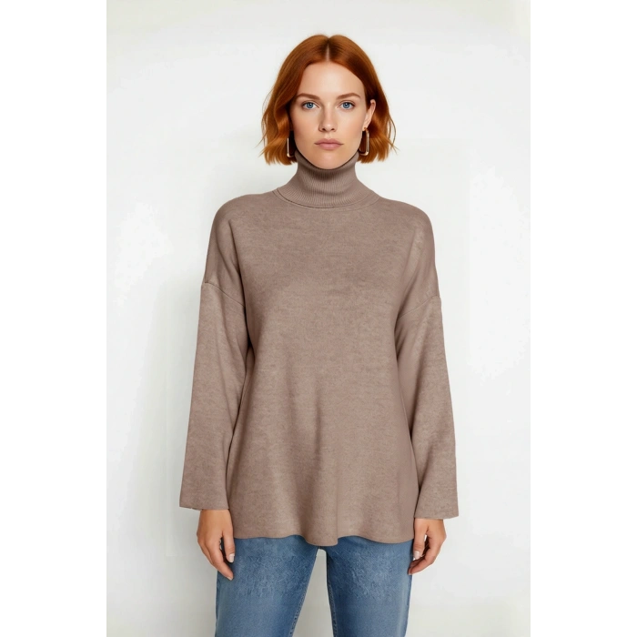 Kadın Oversize Balıkçı Yaka Düşük Kol Akrilik Triko Kazak Kış Sezonu İçin Uzun Basic Model