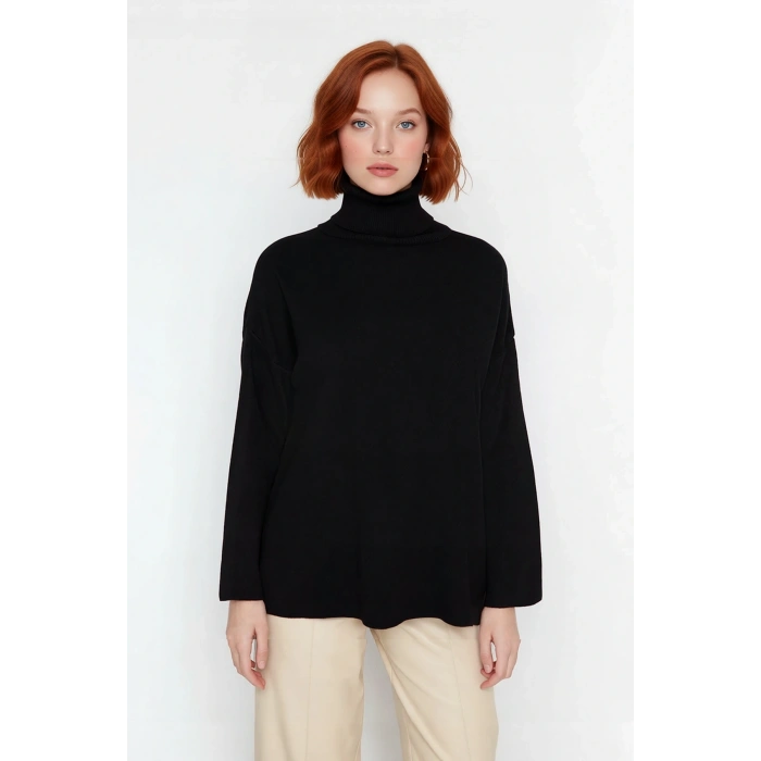 Kadın Oversize Balıkçı Yaka Düşük Kol Akrilik Triko Kazak Kış Sezonu İçin Uzun Basic Model