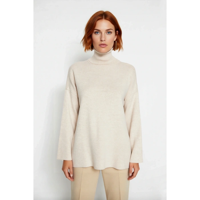 Kadın Oversize Balıkçı Yaka Düşük Kol Akrilik Triko Kazak Kış Sezonu İçin Uzun Basic Model