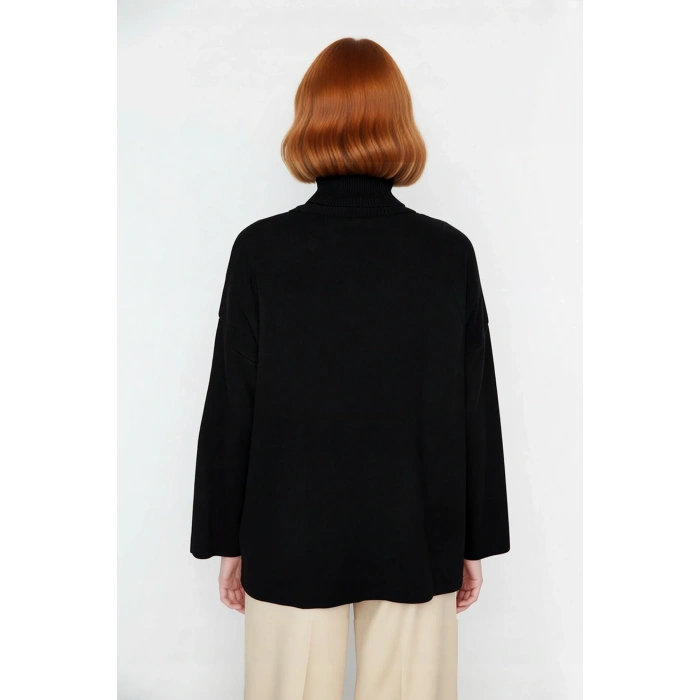 Kadın Oversize Balıkçı Yaka Düşük Kol Akrilik Triko Kazak Kış Sezonu İçin Uzun Basic Model