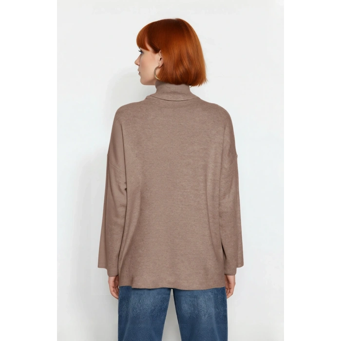 Kadın Oversize Balıkçı Yaka Düşük Kol Akrilik Triko Kazak Kış Sezonu İçin Uzun Basic Model