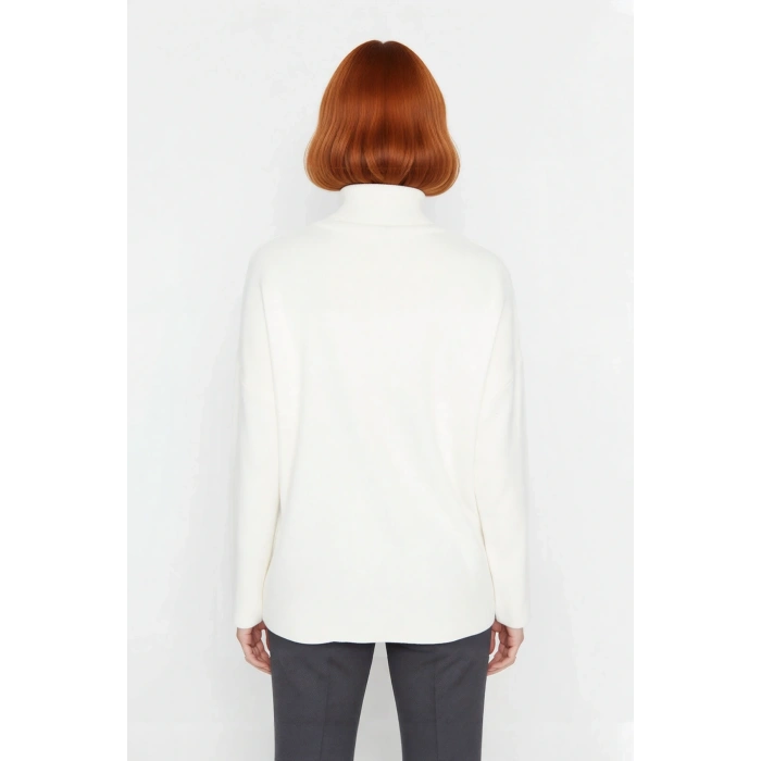 Kadın Oversize Balıkçı Yaka Düşük Kol Akrilik Triko Kazak Kış Sezonu İçin Uzun Basic Model